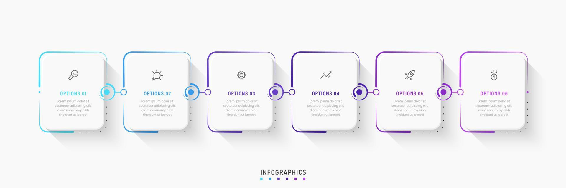 Vektor-Infografik-Etikettendesign-Vorlage mit Symbolen und 6 Optionen oder Schritten. kann für Prozessdiagramme, Präsentationen, Workflow-Layouts, Banner, Flussdiagramme und Infografiken verwendet werden. vektor