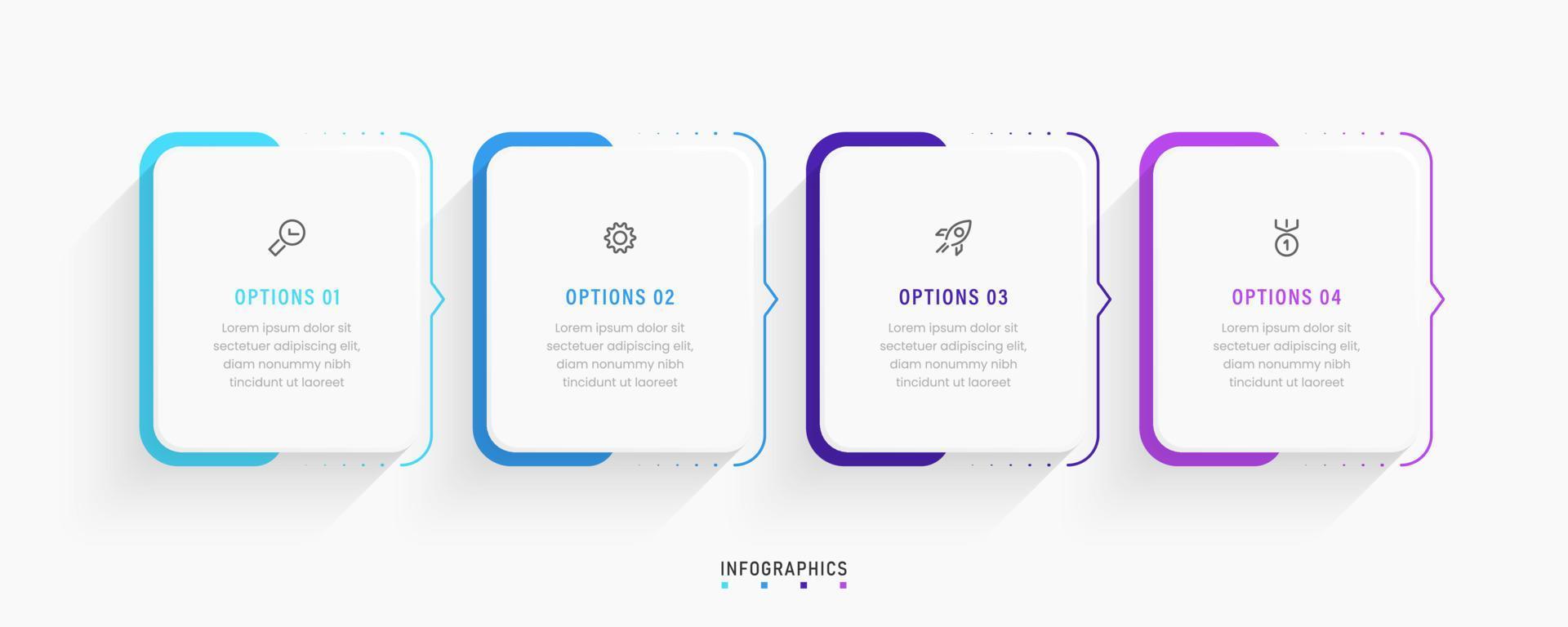 Vektor-Infografik-Etikettendesign-Vorlage mit Symbolen und 4 Optionen oder Schritten. kann für Prozessdiagramme, Präsentationen, Workflow-Layouts, Banner, Flussdiagramme und Infografiken verwendet werden. vektor