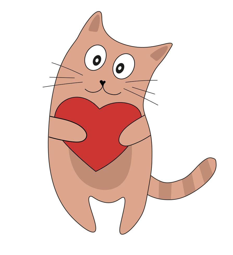 söt brun randig katt med en hjärta i deras tassar. romantisk valentines dag vektor illustration klotter för hälsning kort eller affisch.