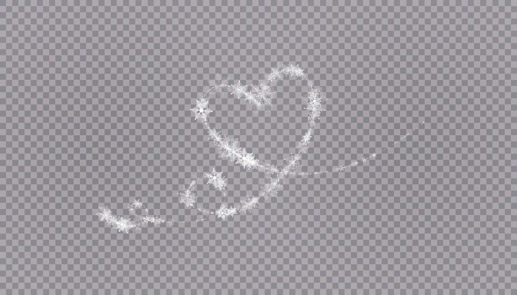 hjärtformade snöflingor i platt stil i kontinuerliga ritlinjer. spår av vitt damm. magisk abstrakt bakgrund isolerad på bakgrunden. mirakel och magi. vektor illustration platt design.