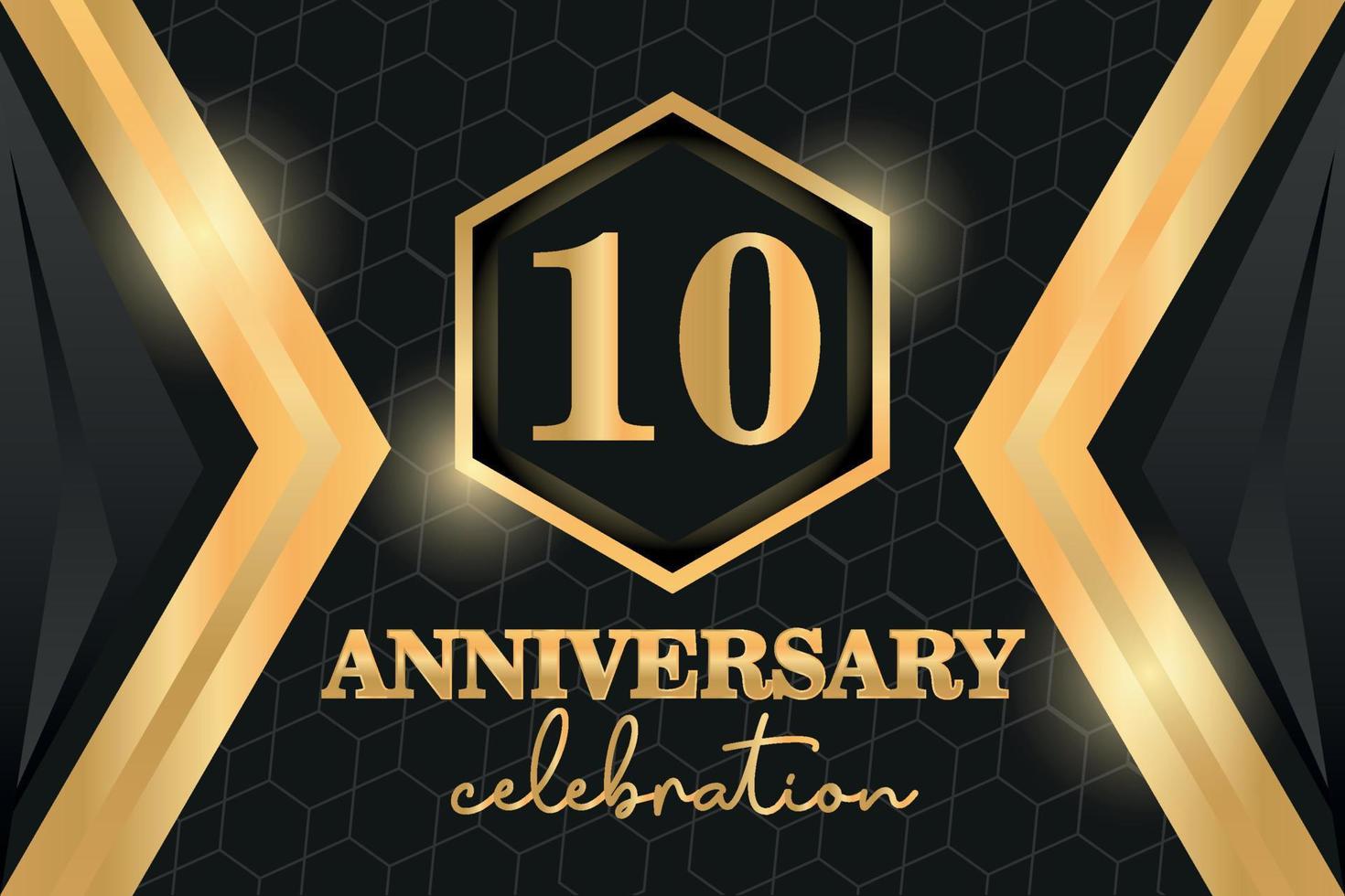 10 Jahre Jahrestag Logo golden farbig Vektor Design auf schwarz Hintergrund Vorlage zum Gruß
