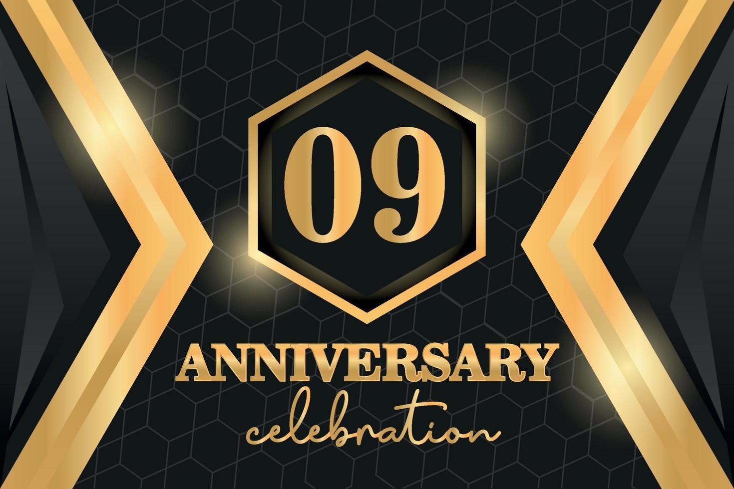 09 Jahre Jahrestag Logo golden farbig Vektor Design auf schwarz Hintergrund Vorlage zum Gruß