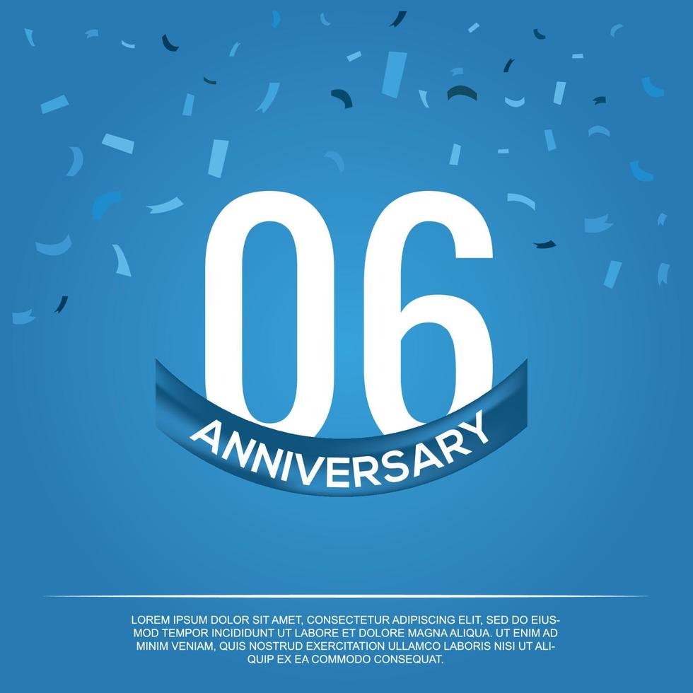 06. Jahrestag Feier Vektor Design mit Weiß Farbe Zahlen und Weiß Farbe Schriftart auf Blau Farbe Hintergrund abstrakt