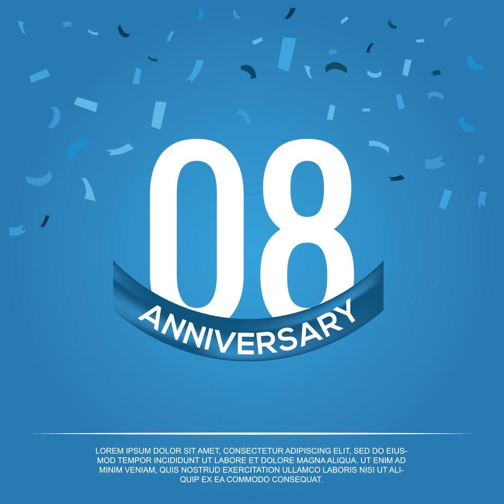 08. Jahrestag Feier Vektor Design mit Weiß Farbe Zahlen und Weiß Farbe Schriftart auf Blau Farbe Hintergrund abstrakt