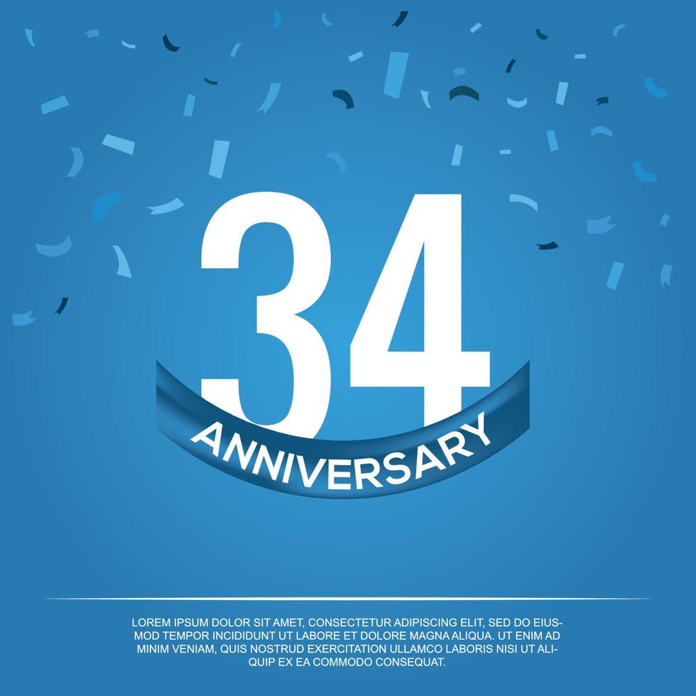 34 Jahrestag Feier Vektor Design mit Weiß Farbe Zahlen und Weiß Farbe Schriftart auf Blau Farbe Hintergrund abstrakt