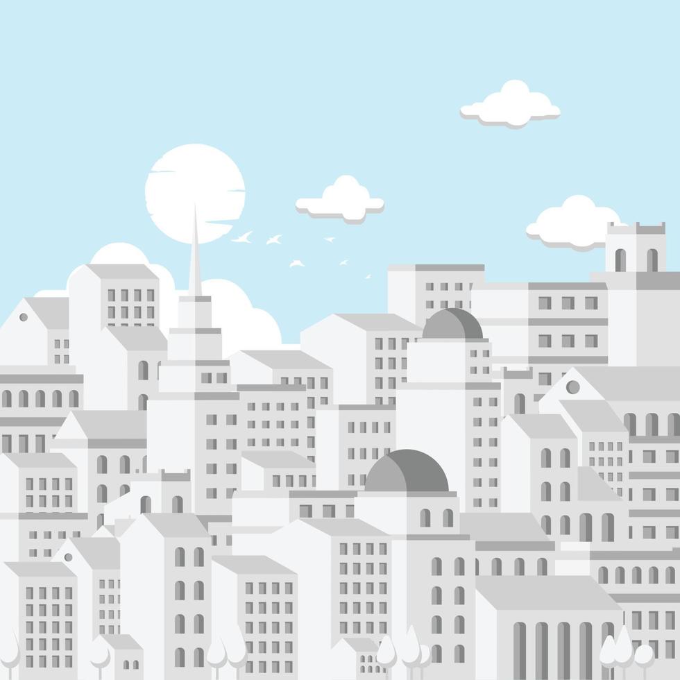 Illustration der Stadt mit Wolken und blauem Himmel, isometrische Gebäudeansicht. Vektor. vektor