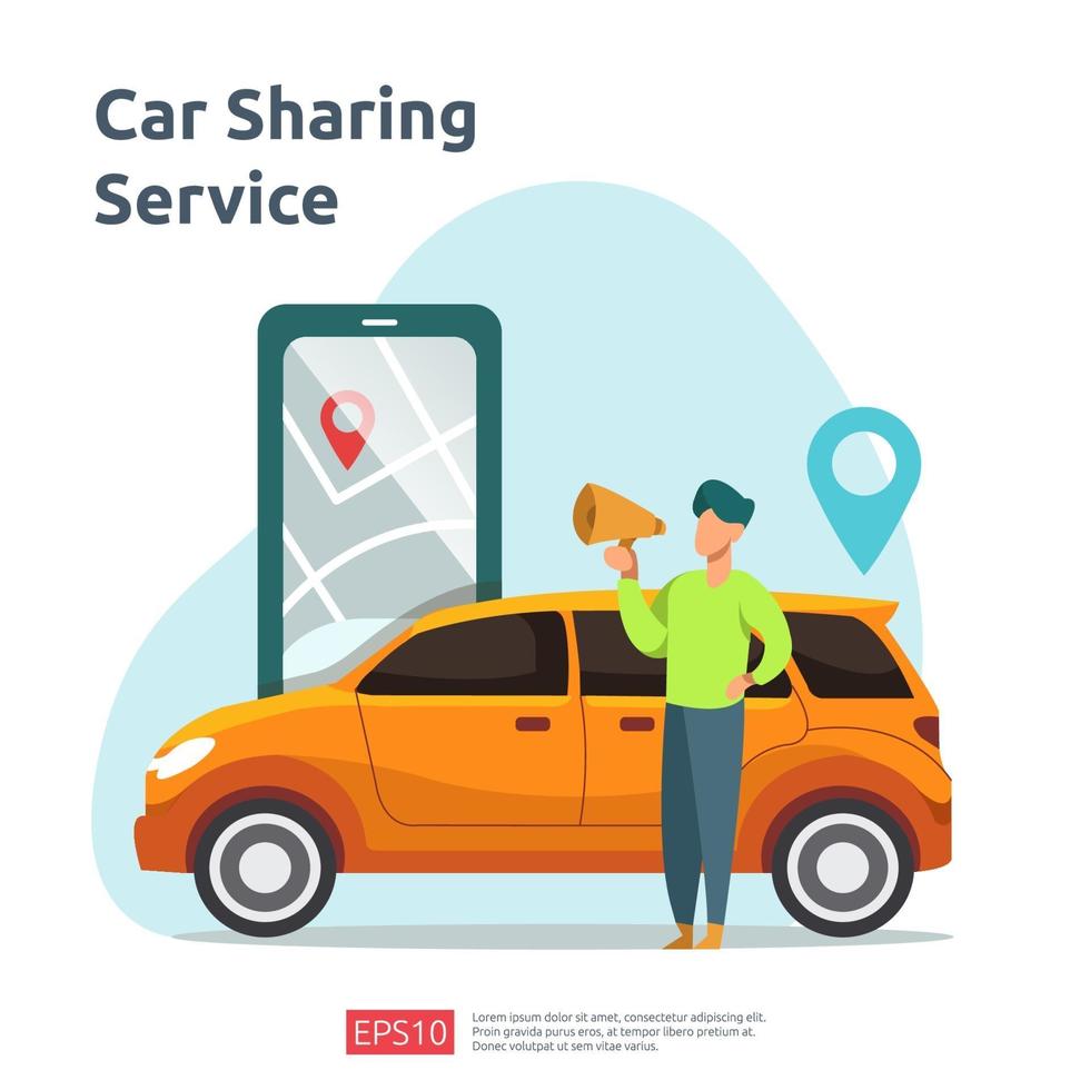 bildelning illustration koncept. online taxi eller hyra transport med hjälp av smarttelefontjänstapplikation med karaktär och ruttpunkter plats på GPS-karta för målsida, banner, webb, ui, flygblad vektor