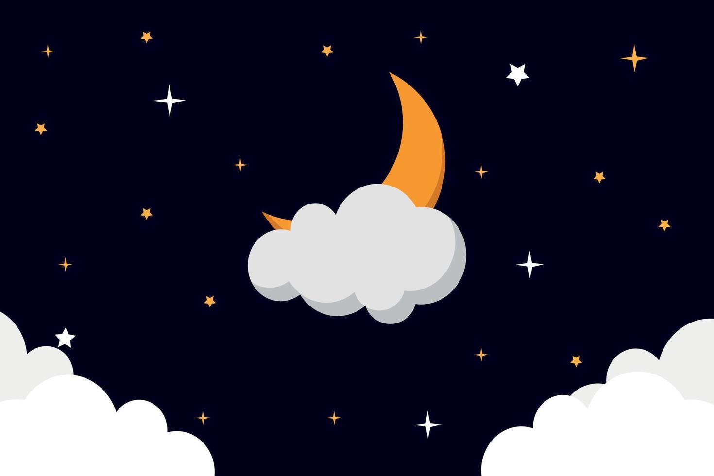 Halbmond Mond bedeckt mit Wolken im das Nacht Himmel. Vektor Nacht Himmel Hintergrund Sterne und Mond. Halbmond Mond mit Wolken und Sterne im Raum