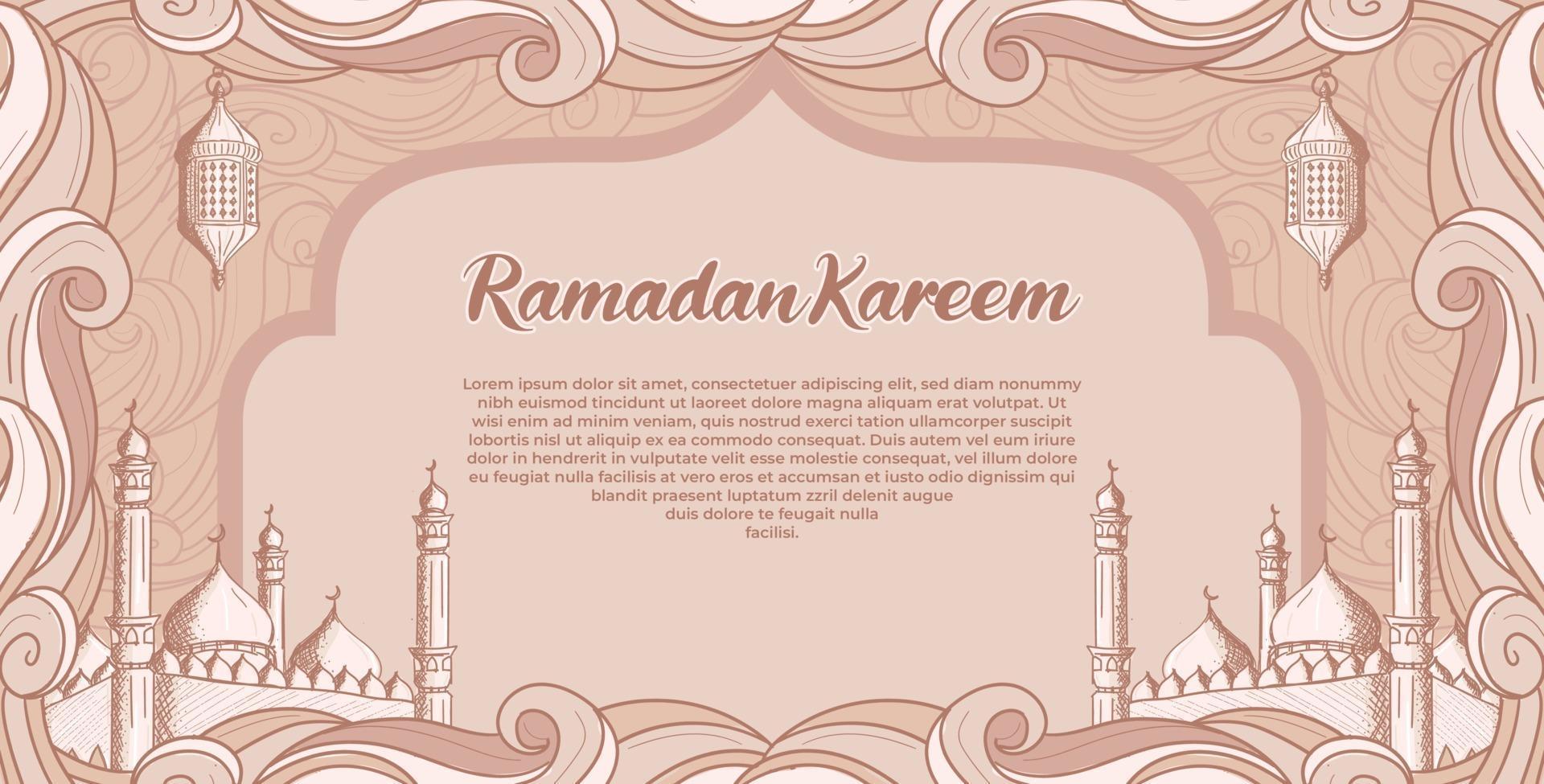 Ramadan Kareem mit handgezeichneter islamischer Moschee und Laternenillustrationshintergrund vektor