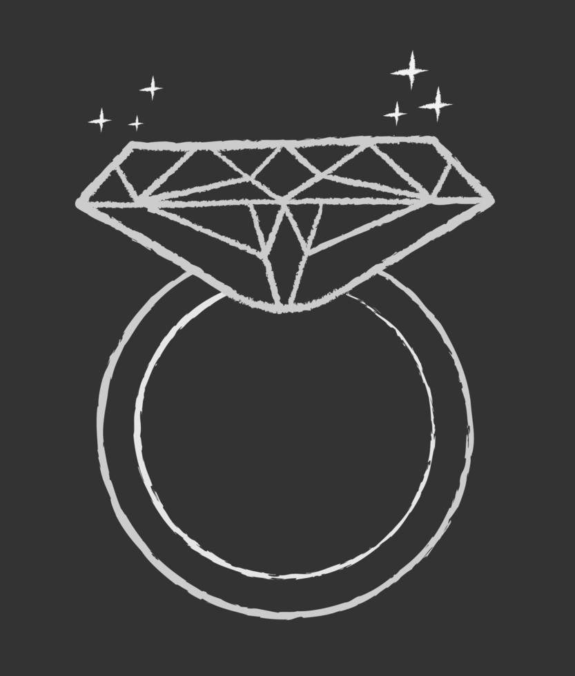 Diamant Ring Hand gezeichnet im Kreide mit Funken auf ein Tafel Vektor Weiß Symbol isoliert auf ein schwarz Hintergrund.