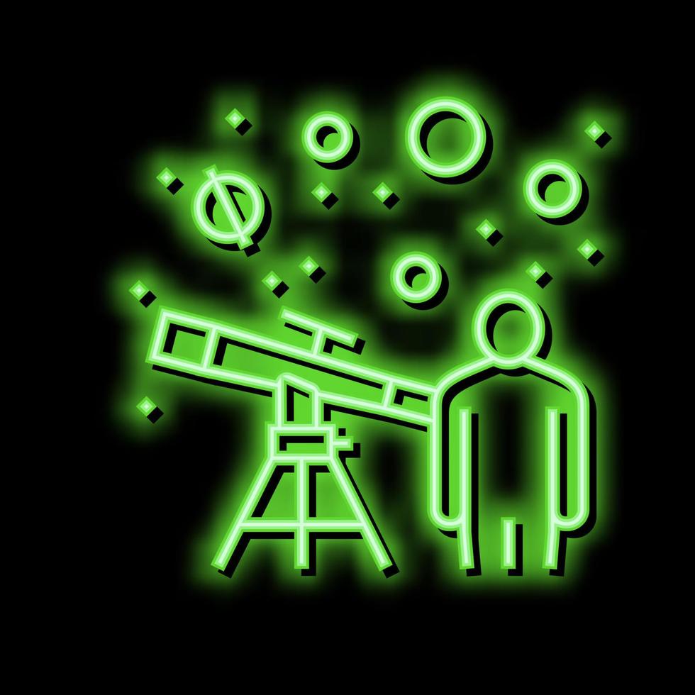 astronom tittar på i teleskop på stjärnor neon glöd ikon illustration vektor