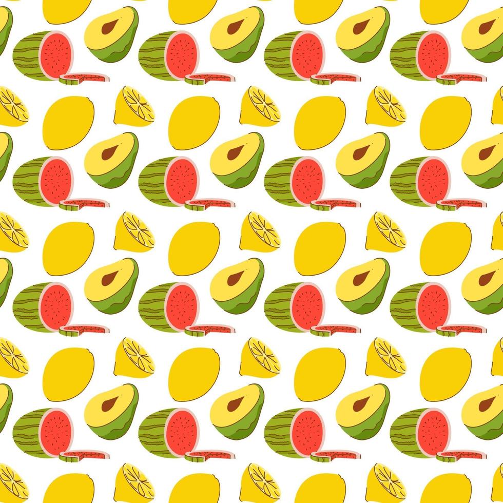 Fruchtmuster mit Färbung Gekritzel Wassermelone, Avocado, Zitrone. Vektor nahtloses Muster der Fruchtillustration
