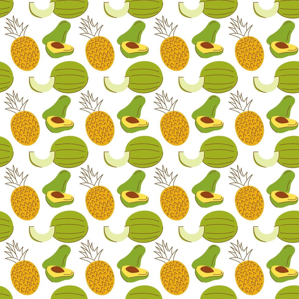 Musterhintergrund mit Fruchtelementen, Wassermelone, Banane, Mango. handgezeichnetes nahtloses Fruchtmuster vektor