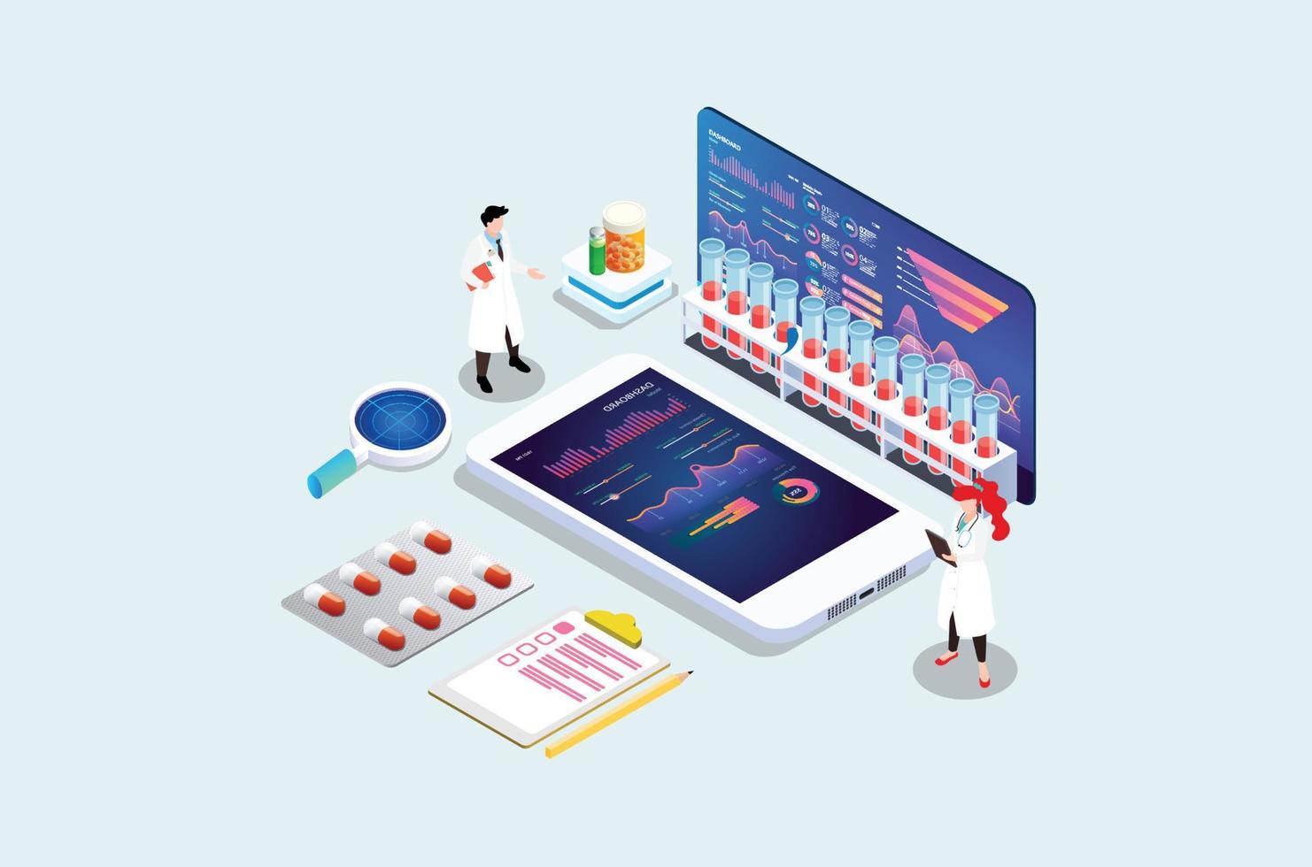 modern isometrisk covid-19 vaccin medicinsk innovation illustration, webb banderoller, lämplig för diagram, infografik, bok illustrationer, spel tillgångar, och Övrig grafisk relaterad tillgångar vektor