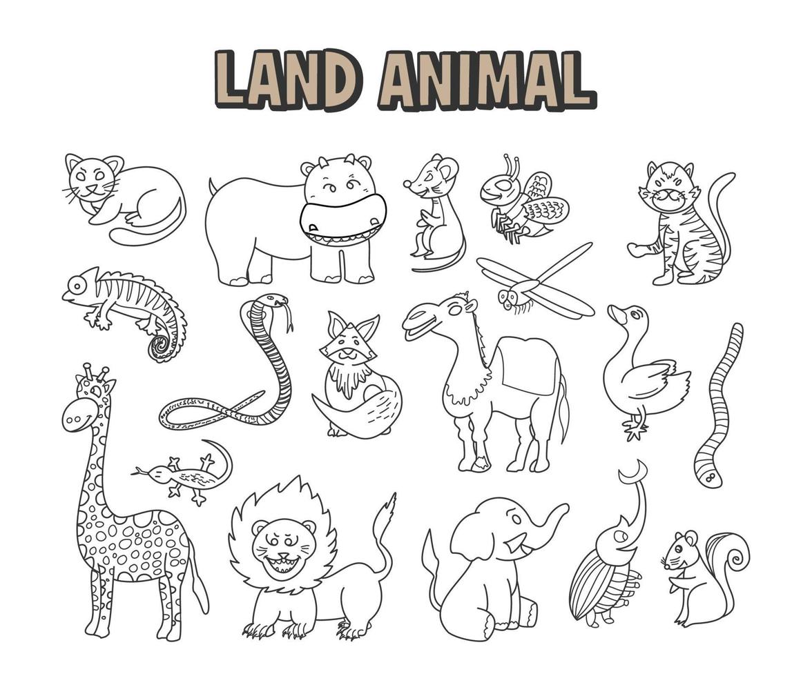 uppsättning element doodle linje land djur. målarbok handritad sida med söta savann djur vektor