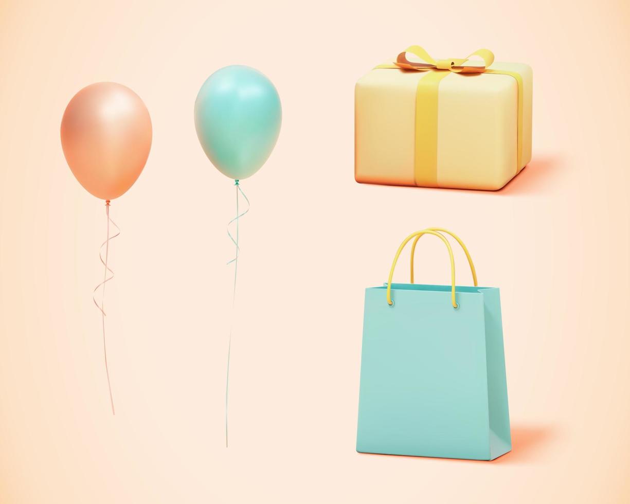 3d Pastell- Geburtstag Objekt Sammlung, einschließlich Luftballons, Geschenk Box und Einkaufen Tasche. Elemente isoliert auf Gelb Hintergrund. vektor