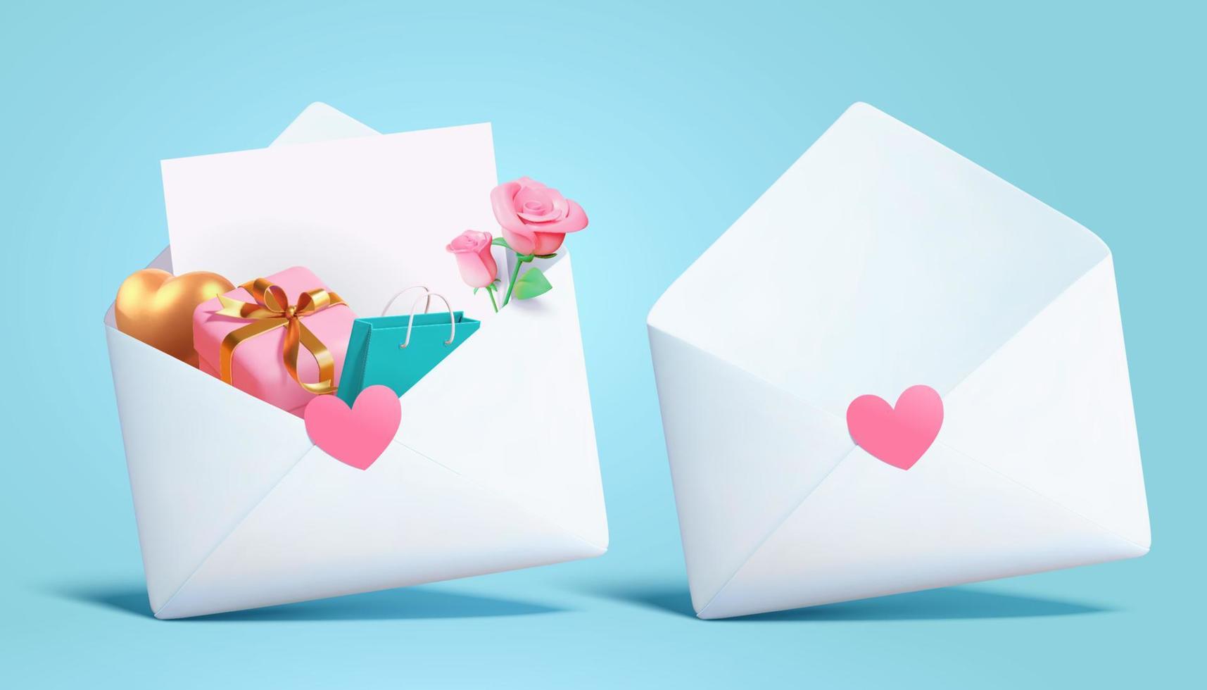 3d Liebe Brief Umschläge isoliert auf Licht Blau Hintergrund. einer mit Herz Form, Geschenke und Rose Blume und das andere ohne. vektor