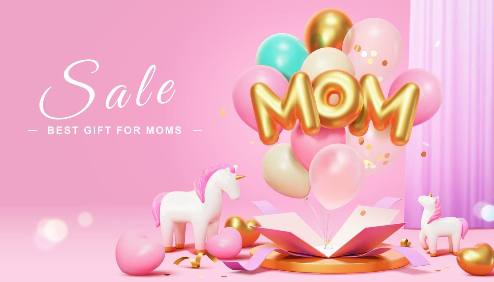 3d mors dag försäljning promo mall. färgrik mamma ballong fras överraskning låda visa på skede, dekorerad med söt enhörning leksaker och ridå. vektor