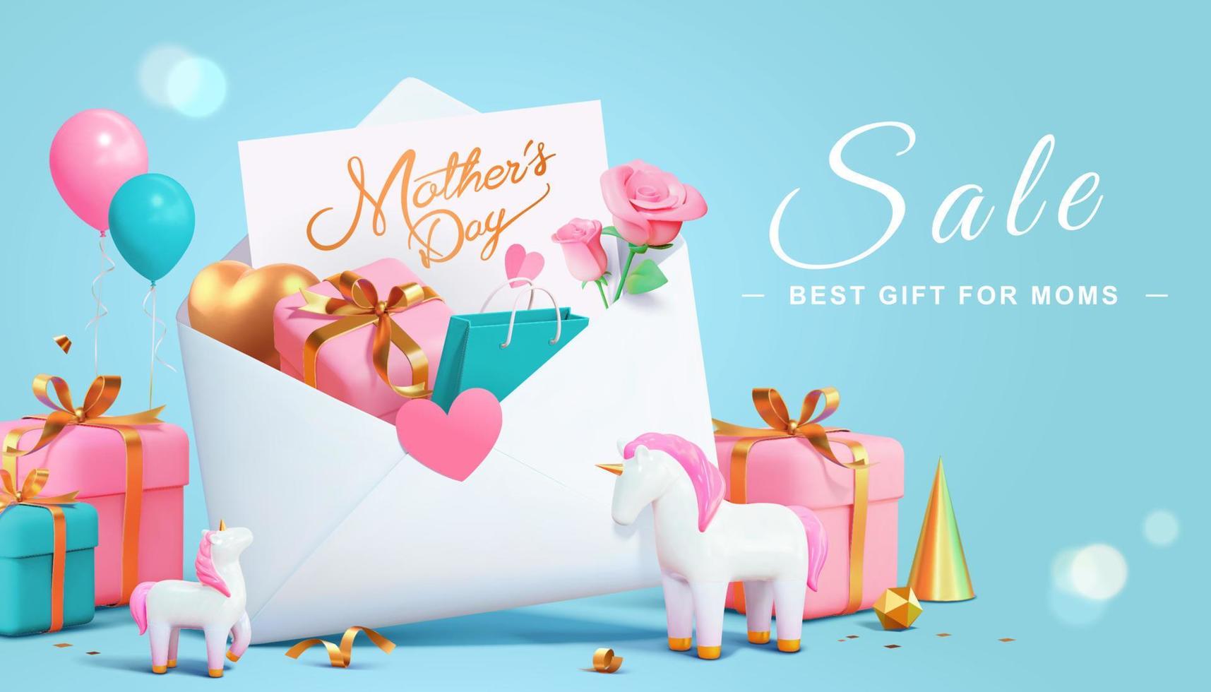 3d Mutter Tag Verkauf Promo Banner Vorlage. enorm Briefumschlag mit Geschenke, Einkaufen Tasche und süß Einhorn Spielzeuge. vektor