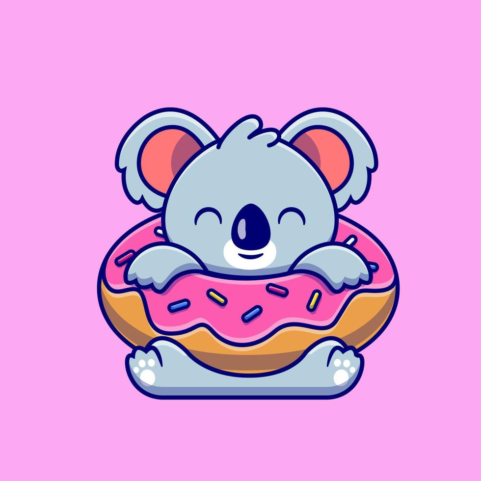 süß Koala mit groß Krapfen Karikatur Vektor Symbol Illustration. Tier Essen Symbol Konzept isoliert Prämie Vektor. eben Karikatur Stil