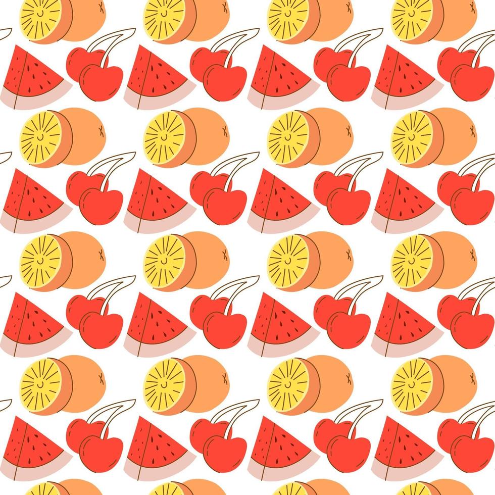 nahtloses Muster mit Fruchthintergrundelement Wassermelone, Orange, Kirsche. handgezeichnetes nahtloses Fruchtmuster vektor