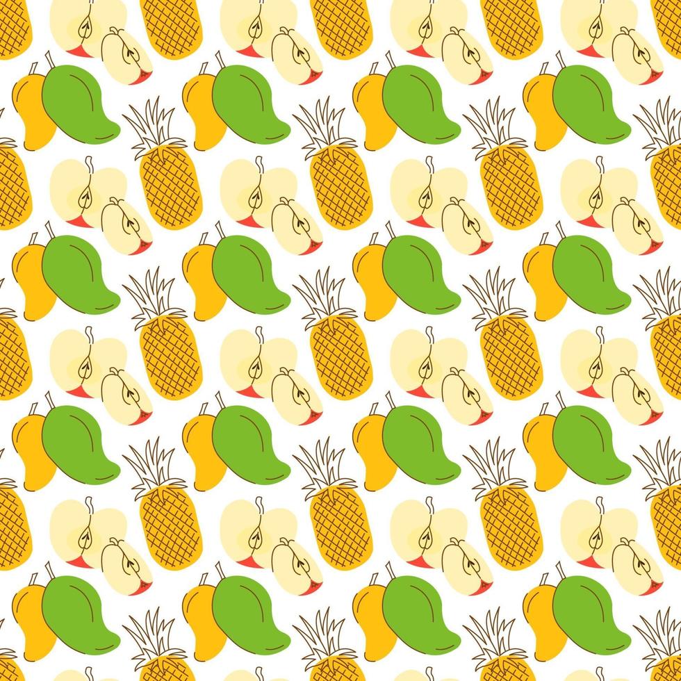 mönster bakgrund med tre färgglada frukter. tropiskt sommar sömlöst mönster med ananas, mango, äpple vektor