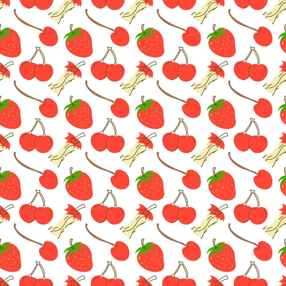 sömlösa mönster med frukt körsbär, jordgubbe, äpple. handritad körsbär isolerad på vit bakgrund. doodle stil. sömlösa mönster. designelement för tyg, tapeter eller sömlös wrap. handritad stil. vektor