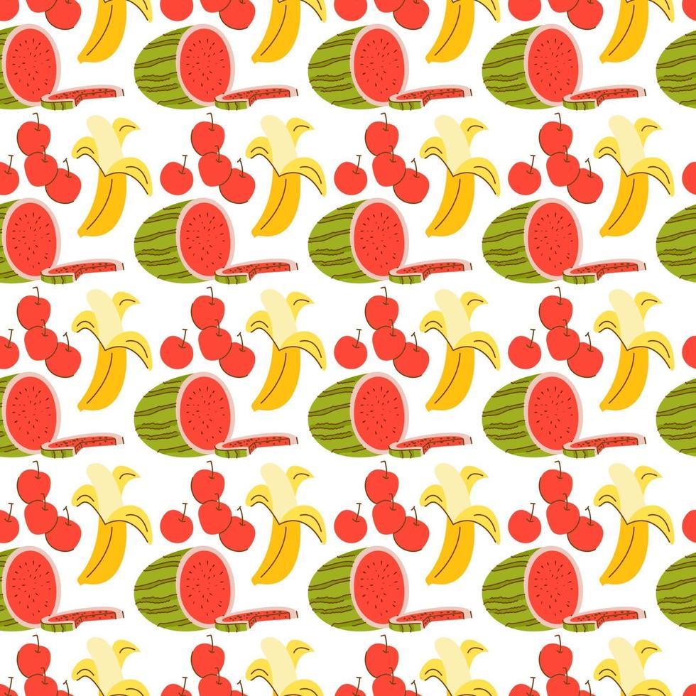 mönster sömlöst med fruktelement. doodle vattenmelon, banan, körsbär element. vektor sömlösa mönster. handritade illustrationer.