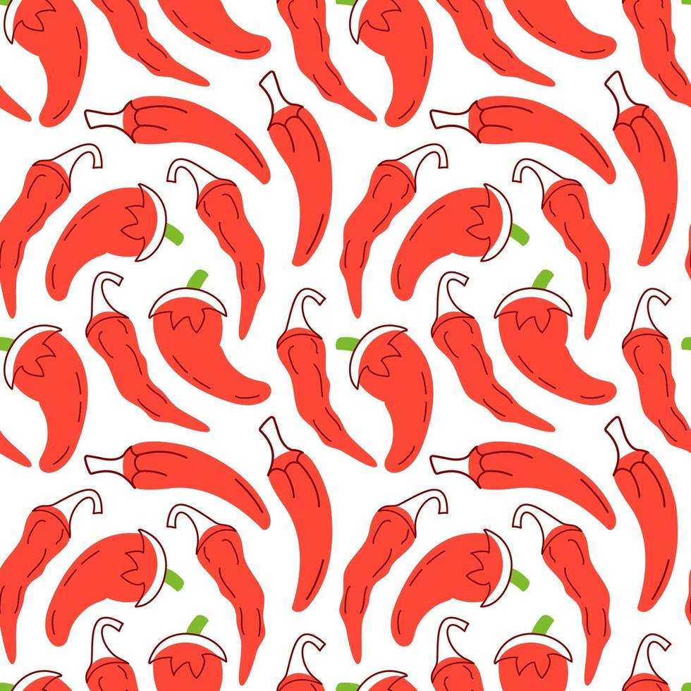 röd chili sömlösa mönster med på en vit bakgrund. vektor illustration av ingredienser för mat bakgrund i en platt doodle stil.