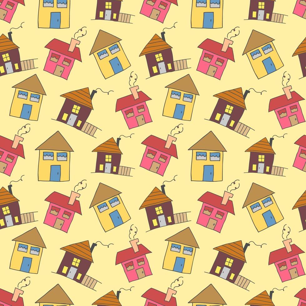 mönster sömlösa barn med hem doodle färgläggning element. vektor husmönster, söta färgglada hem, roliga barninredning, sömlösa mönster, barntextildesign