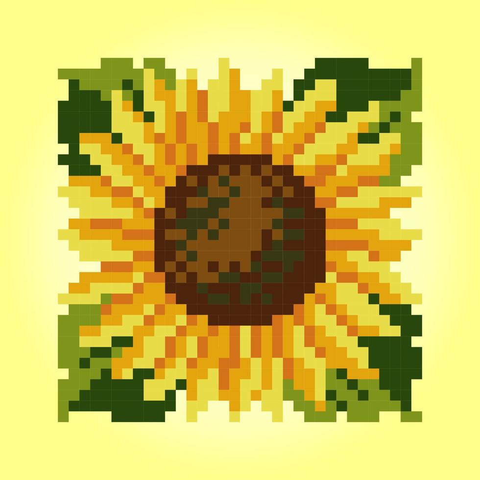 8-Bit-Pixel von Sonnenblumen, Pflanzenpixel für Spielinhalte und Kreuzstichmuster in Vektorgrafiken. vektor