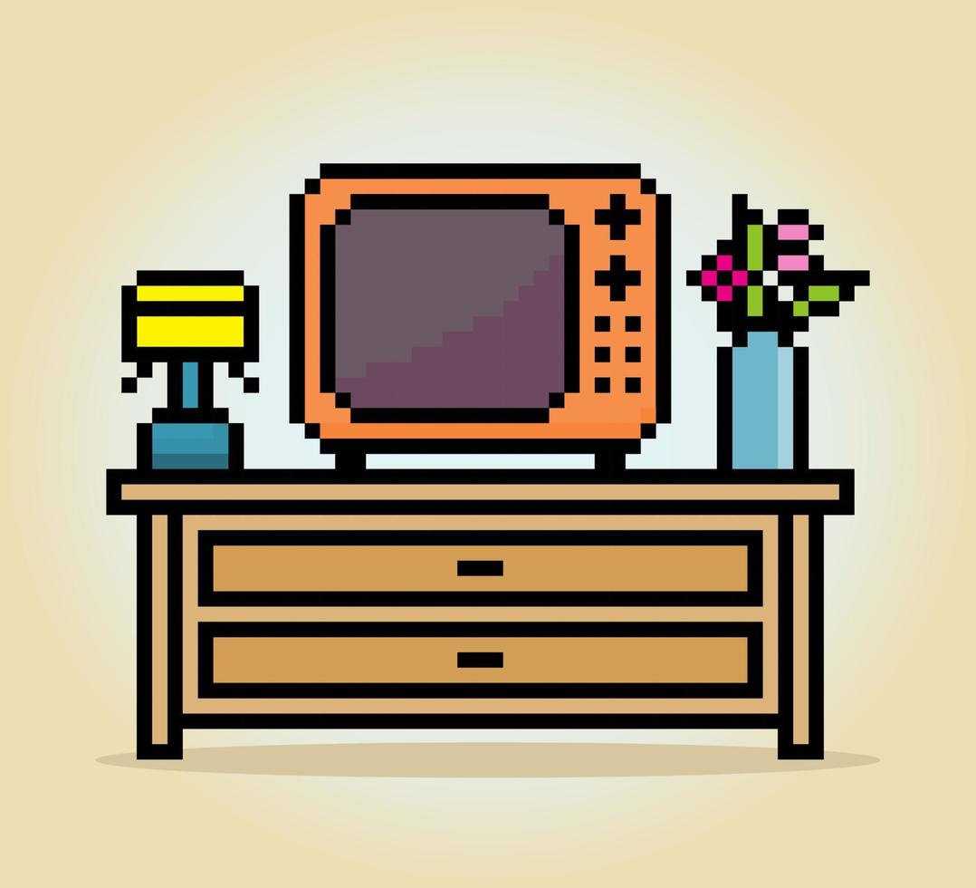 Klassisches 8-Bit-Pixel-Fernsehen in Vektorillustration für Spielressourcen. Vintage-TV-Pixel-Kunst. vektor