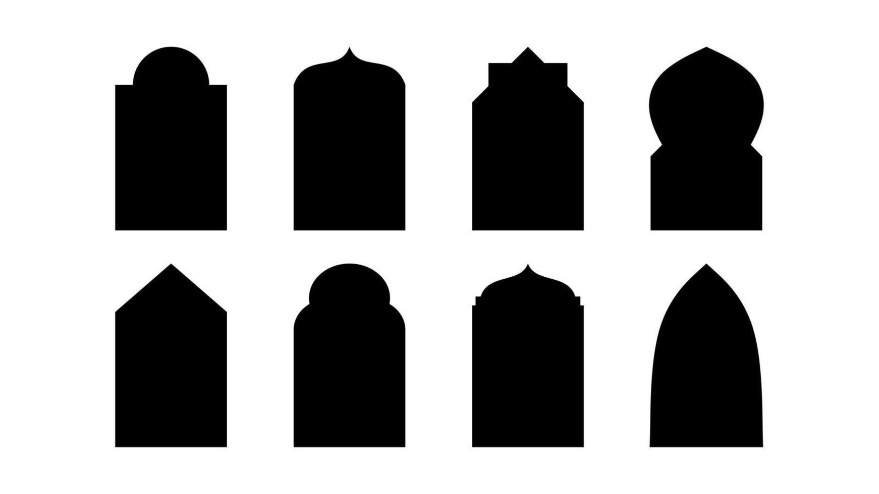 neun Moschee Fenster Silhouette isoliert auf Weiß Hintergrund. vektor