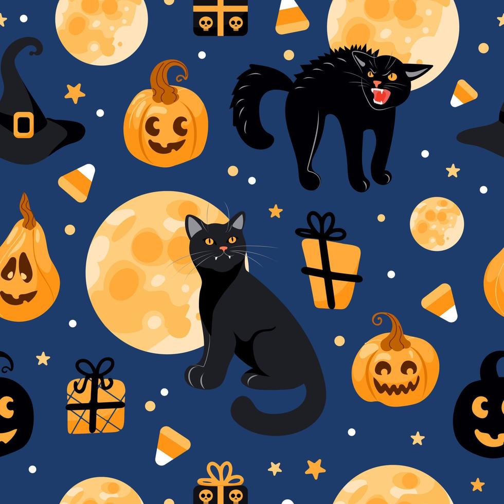 halloween sömlös mönster svart katt, måne, häxa hatt, domkraft lykta, godis. på en blå bakgrund. ljus illustration i tecknad serie stil. för tapet, utskrift på tyg, omslag, bakgrund. vektor