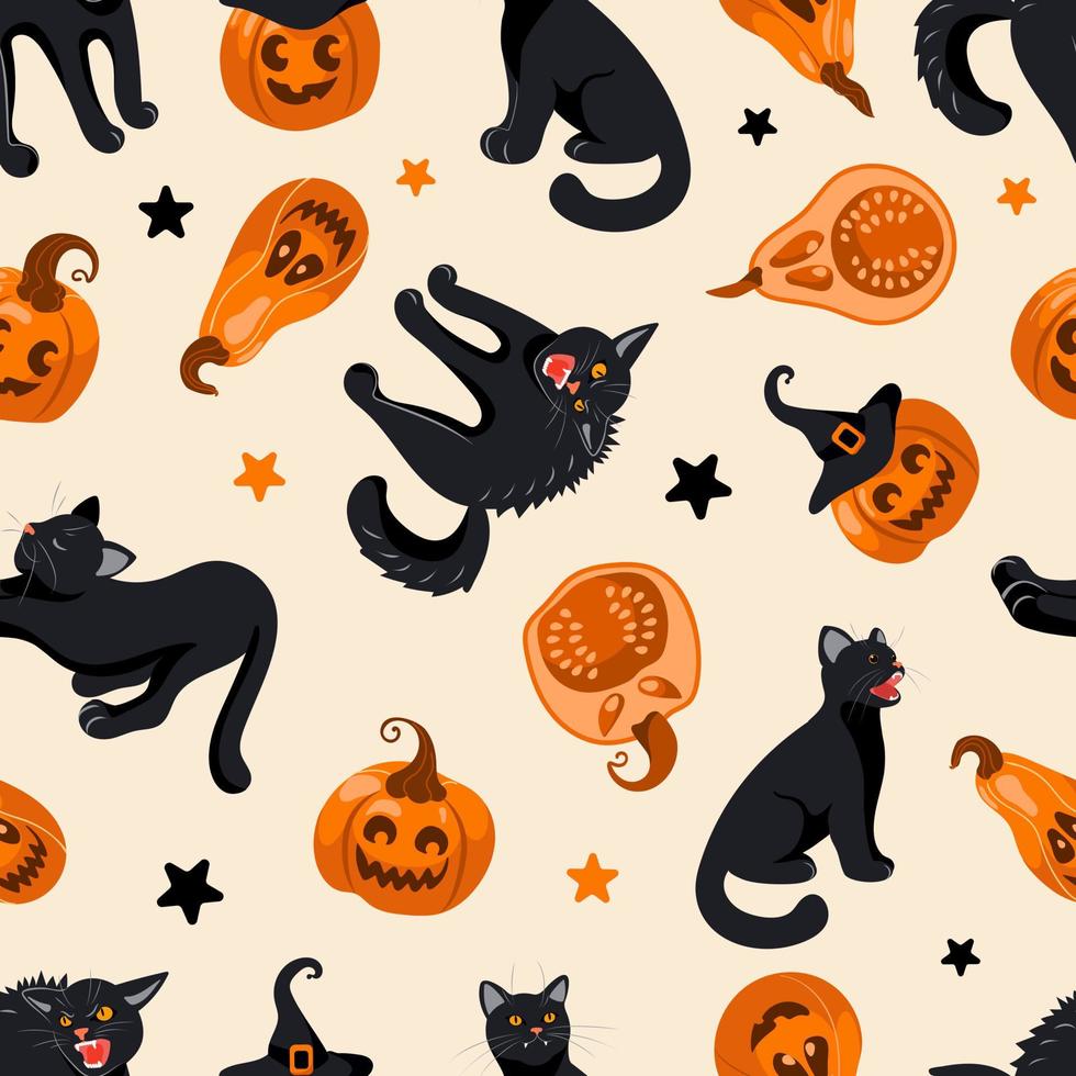 halloween sömlös mönster svart katt, häxa hatt, domkraft lykta, godis. på ljus beige bakgrund. ljus illustration i tecknad serie stil. för tapet, utskrift på tyg, omslag, bakgrund vektor