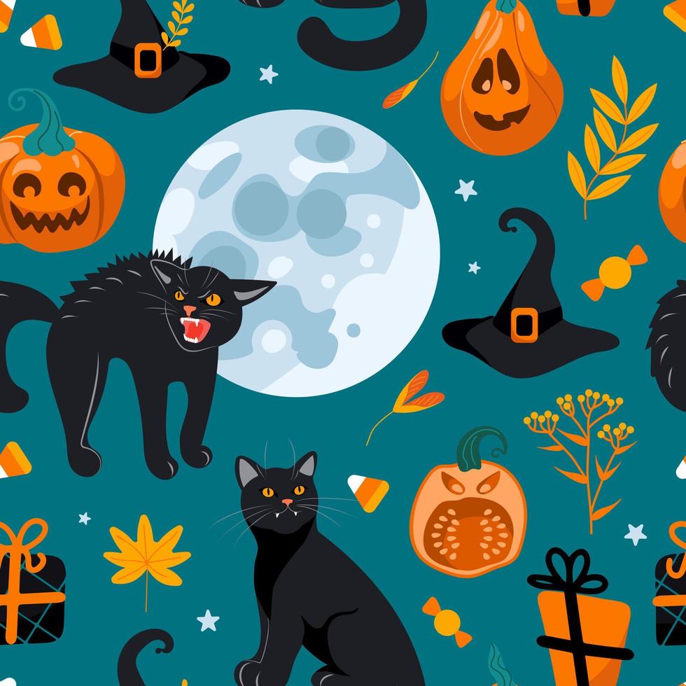 halloween sömlös mönster svart katt, full måne, häxa hatt, gåvor, godis. på en grön bakgrund. ljus illustration i tecknad serie stil. för barnkammare, tapet, utskrift på tyg, omslag, bakgrund. vektor