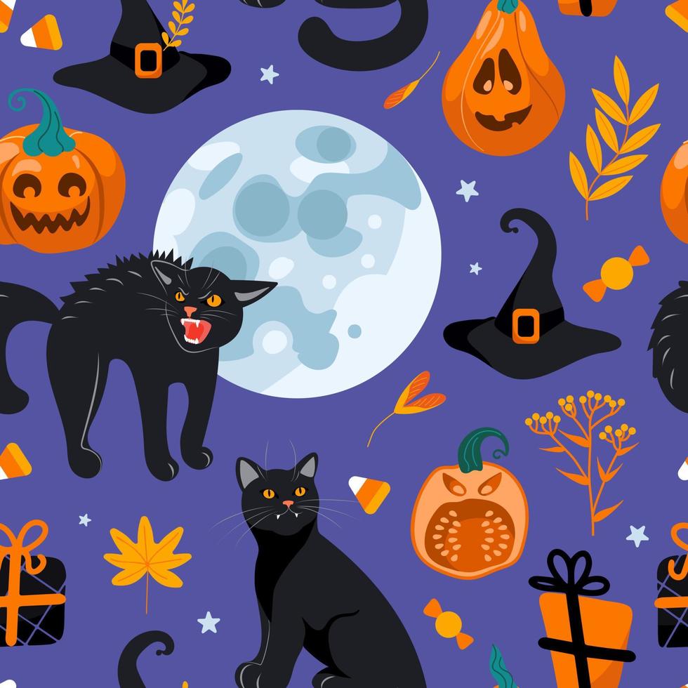 Halloween nahtlos Muster schwarz Katze, Mond, Hexe Hut, Geschenke, Jack Laterne, Süßigkeiten. auf ein lila Hintergrund. hell Illustration Karikatur Stil. zum Hintergrund, Drucken auf Stoff, Verpackung, Hintergrund. vektor