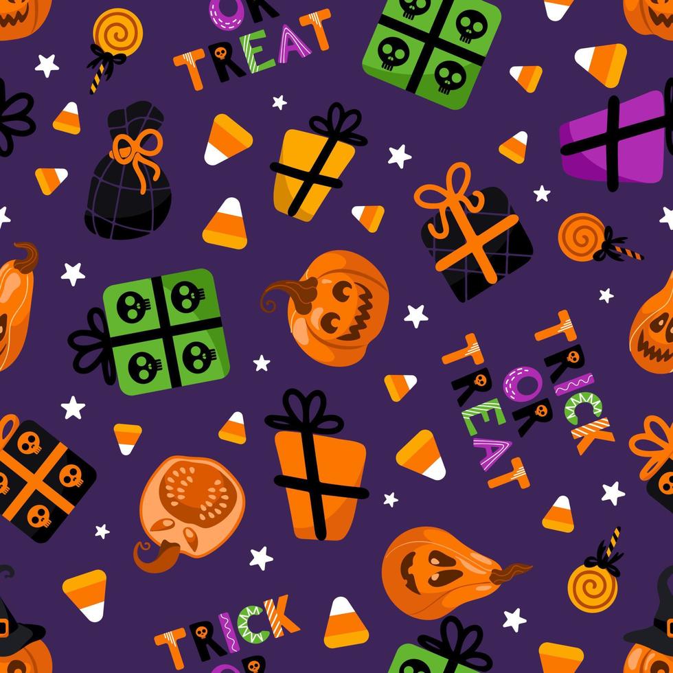 Halloween hell nahtlos Vektor Muster. Kürbis Laterne, Hexe Hut, gestreift Strümpfe, Schuhe, Lutscher, Geschenke, Sterne, Süßigkeiten Mais. zum Kindergarten, Hintergrund, Drucken auf Stoff, Verpackung, Hintergrund