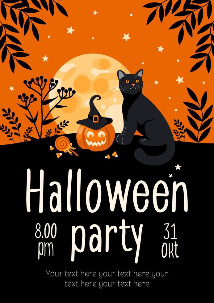 Halloween Party Flyer. hell Vektor Illustration. Kürbis Kürbislaterne, schwarz Katze, Hexe Hut, Lutscher, Mond. zum Werbung Banner, Poster, Flyer.