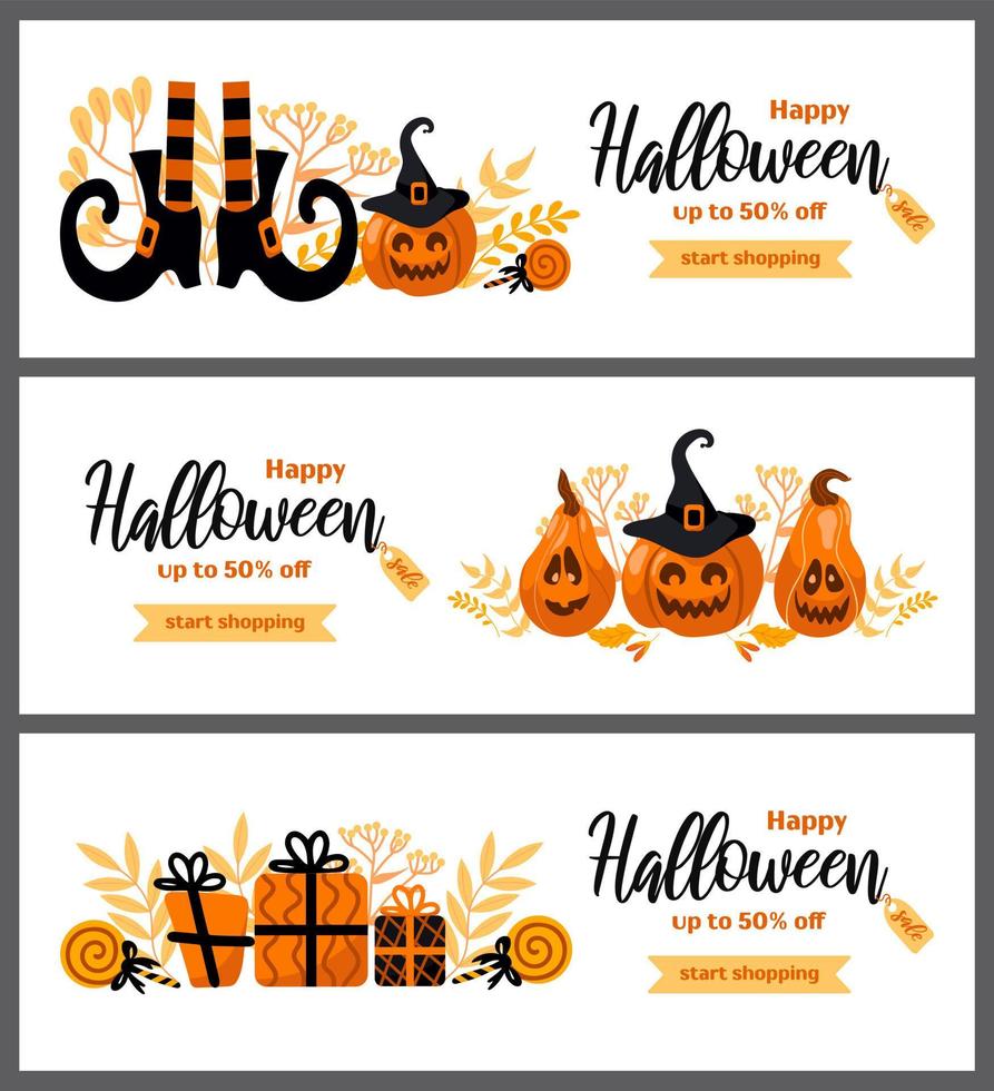 glücklich Halloween Verkauf. einstellen Vektor horizontal Banner im Karikatur Stil. Kürbis Kürbislaterne, Geschenke, Hexe Hut, gestreift Strümpfe, Schuhe, Lutscher, Herbst Blätter. zum Werbung Banner, Poster, Flyer.