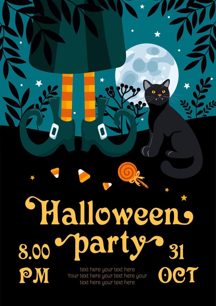 Halloween Party Flyer. hell Vektor Illustration. schwarz Katze, Hexe gestreift Strümpfe, Lutscher, Mond. zum Werbung Banner, Poster, Flyer.