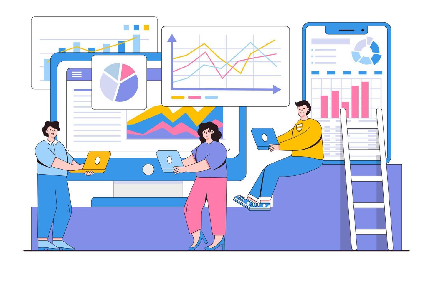 Daten Analytik, Instrumententafel und Geschäft Finanzen Bericht Konzept mit Menschen Charakter. Gliederung Design Stil minimal Vektor Illustration zum Landung Buchseite, Netz Banner, Infografiken, Held Bilder