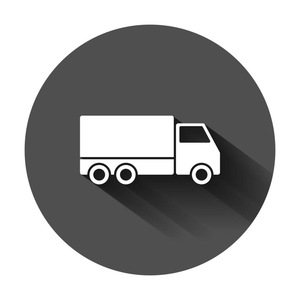 Lieferung LKW Zeichen Symbol im eben Stil. van Vektor Illustration auf schwarz runden Hintergrund mit lange Schatten. Ladung Auto Geschäft Konzept.