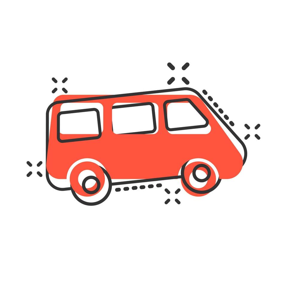 passagerare minibuss tecken ikon i komisk stil. bil buss vektor tecknad serie illustration på vit isolerat bakgrund. leverans lastbil baner företag begrepp stänk effekt.