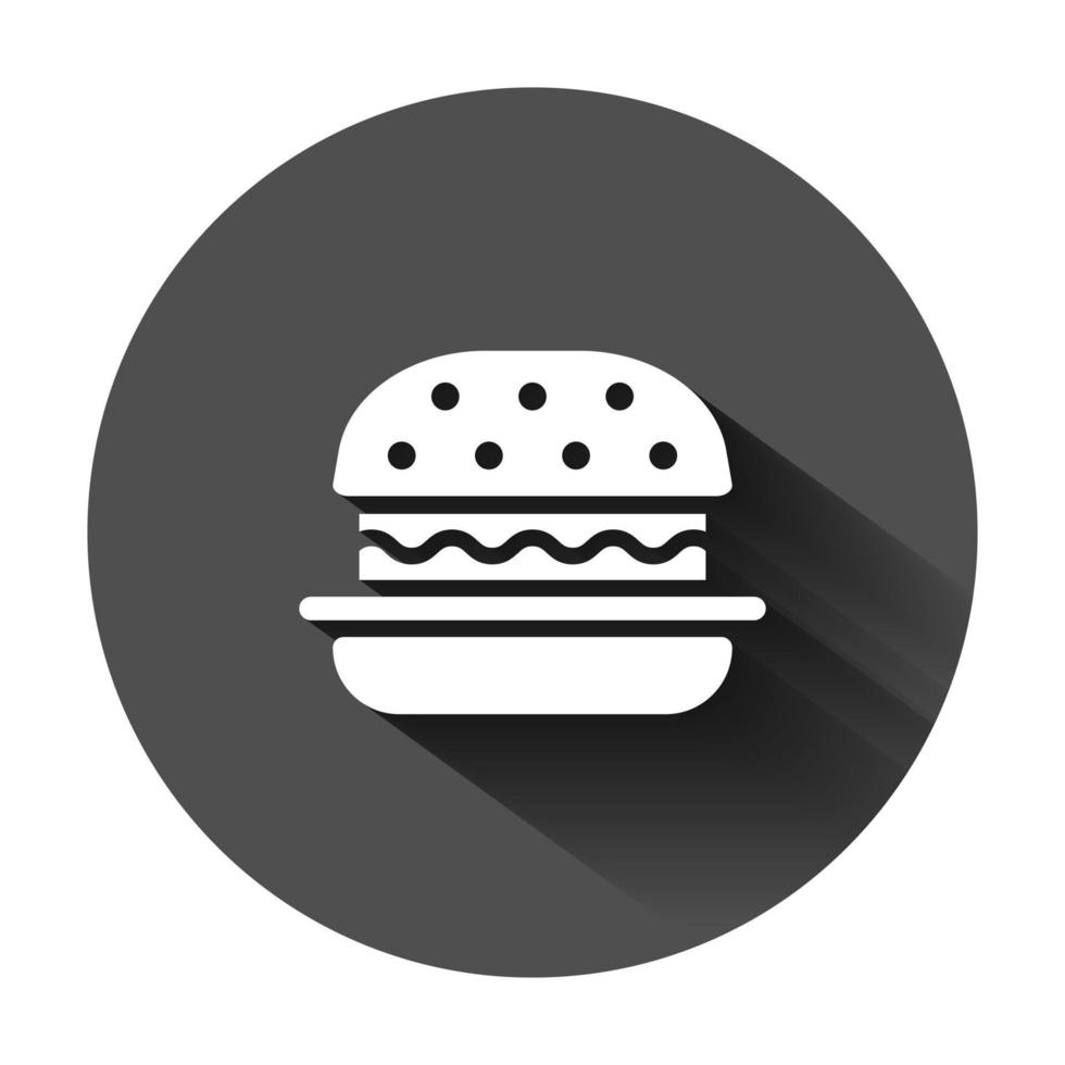 Burger Zeichen Symbol im eben Stil. Hamburger Vektor Illustration auf schwarz runden Hintergrund mit lange Schatten. Cheeseburger Geschäft Konzept.