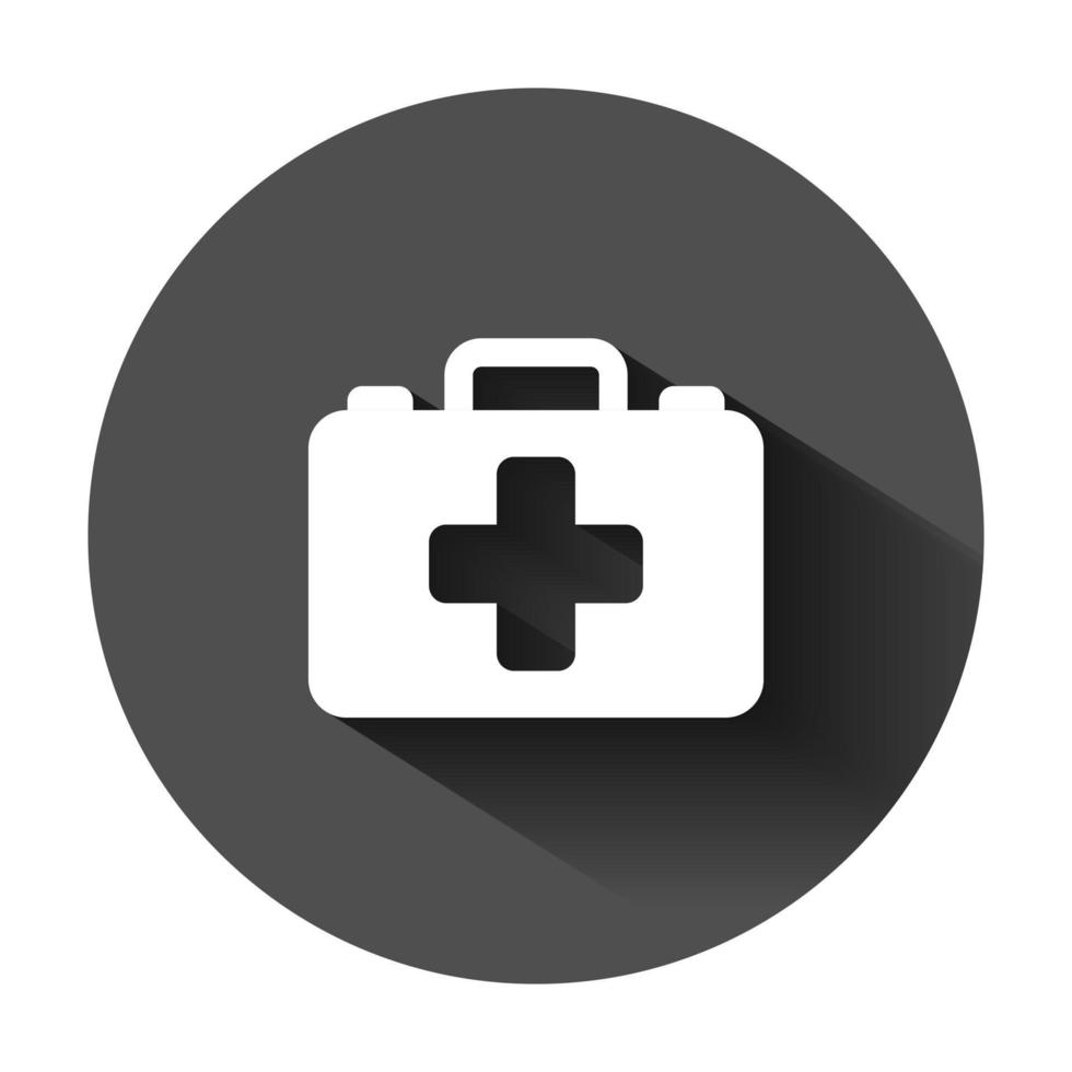zuerst Hilfe Kit Symbol im eben Stil. Gesundheit, Hilfe und medizinisch Diagnose Vektor Illustration auf schwarz runden Hintergrund mit lange Schatten. Arzt Tasche Geschäft Konzept.