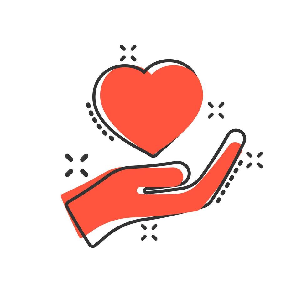Herzpflege-Symbol im Comic-Stil. Charity-Vektor-Cartoon-Illustration auf weißem, isoliertem Hintergrund. Liebe in der Hand Geschäftskonzept Splash-Effekt. vektor