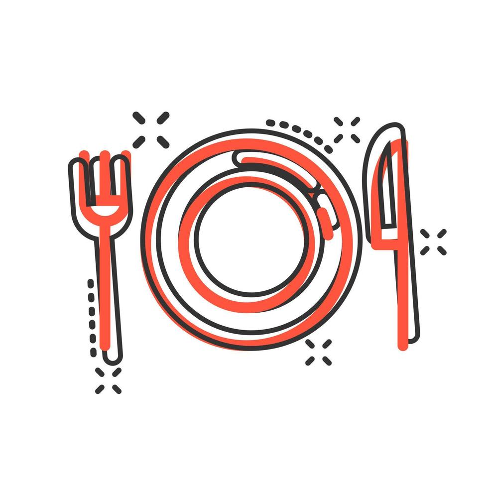 gaffel, kniv och tallrik ikon i komisk stil. restaurang vektor tecknad serie illustration på vit isolerat bakgrund. middag företag begrepp stänk effekt.
