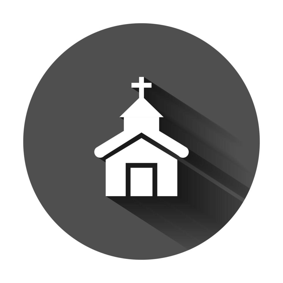 Kirche Symbol im eben Stil. Kapelle Vektor Illustration auf schwarz runden Hintergrund mit lange Schatten. religiös Gebäude Geschäft Konzept.