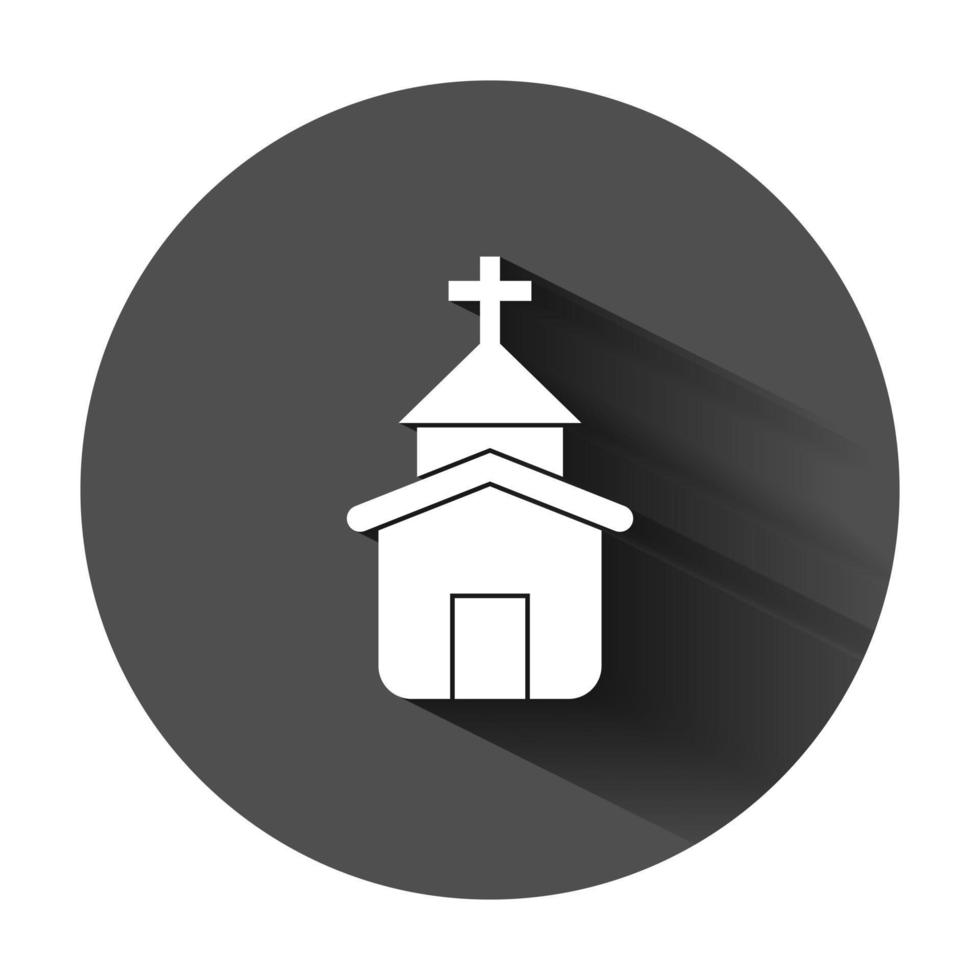 Kirche Symbol im eben Stil. Kapelle Vektor Illustration auf schwarz runden Hintergrund mit lange Schatten. religiös Gebäude Geschäft Konzept.